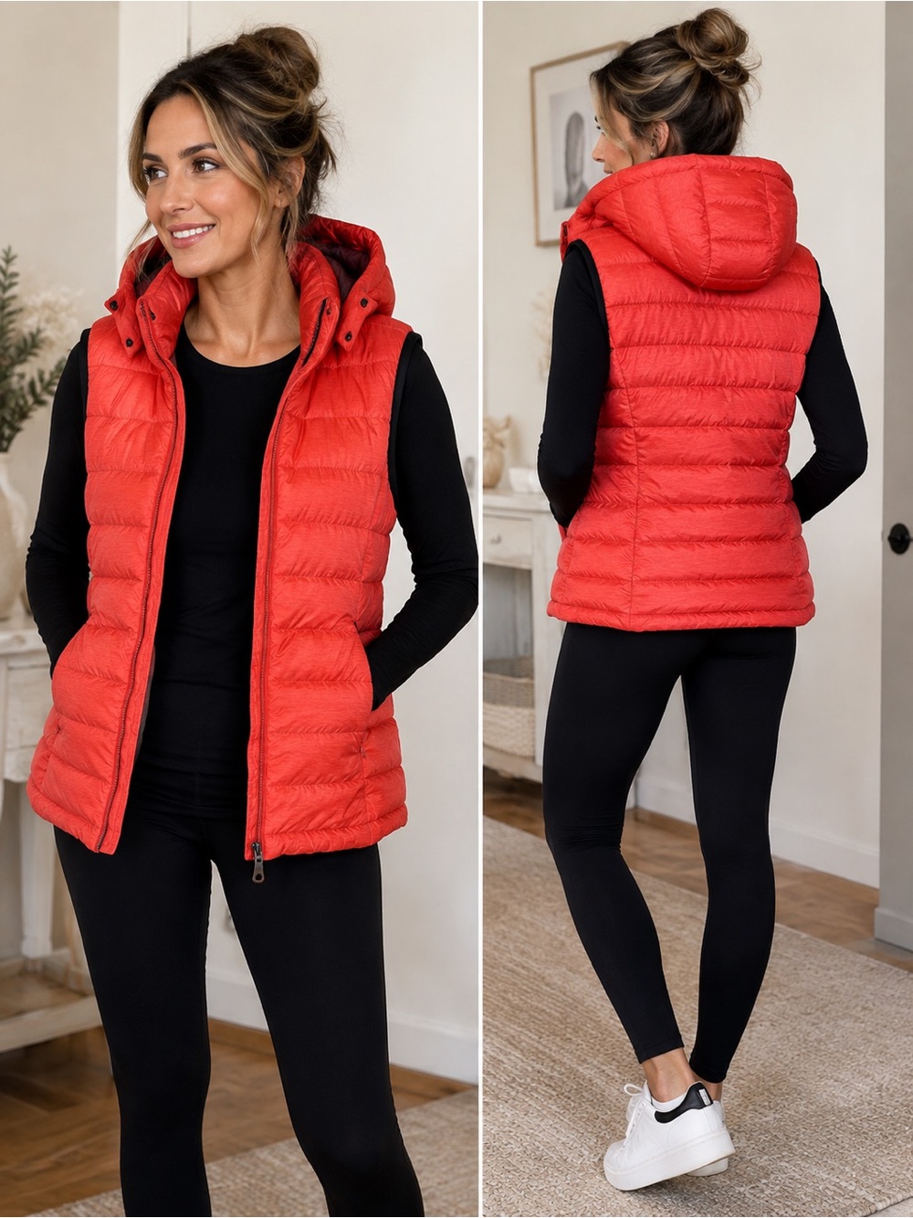 Large Tangerine Coral Quilted Hooded Puffer Vest Orange